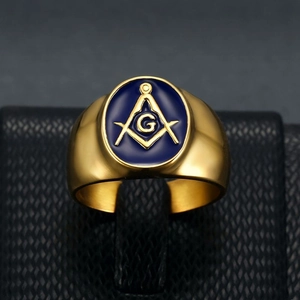 Gold plated stainless steel Freemason ring with blue enamel and G symbol emblem
