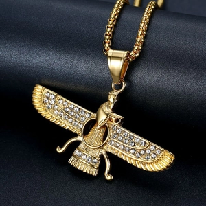 Gold plated stainless steel Faravahar pendant necklace with sparkling rhinestones on box chain