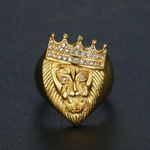 Hip-hop gold-plated titanium steel ring featuring a lion head with a sparkling crown