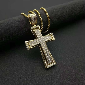 Hip-hop gold-plated stainless steel cross necklace with iced-out micro-pave crystals