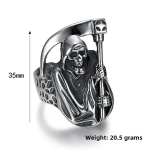 Macro detail of Grim Reaper scythe ring showing 35mm height and vintage texture