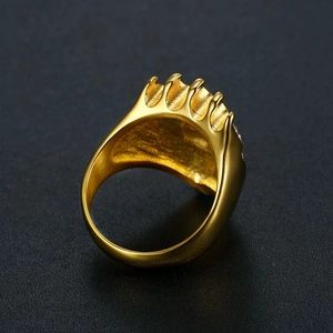 Polished gold plated titanium steel crown lion ring for men with punk hip-hop style design
