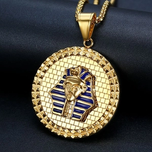 Hip Hop Ancient Egyptian Pharaoh Tutankhamun Round Pendant Necklace Vintage Titanium Steel Gold Plated Enamel Jewelry