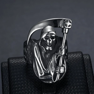 Polished stainless steel grim reaper ring with skull and scythe in a punk gothic style
