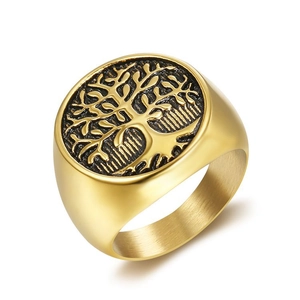 Gold stainless steel Tree of Life signet ring for men featuring black oxidation detail