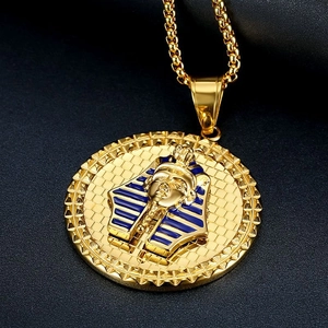 Gold plated Pharaoh pendant necklace with blue enamel and box chain in Egyptian style