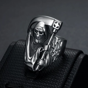 Vintage Punk Grim Reaper Scythe Skull Ring For Men Gothic Titanium Steel Polished Biker Finger Ring Jewelry Gift