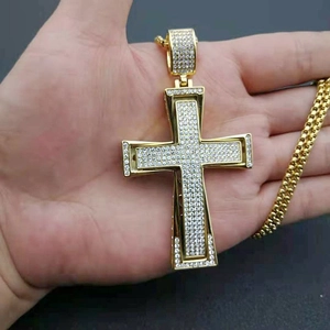 Hip hop gold plated stainless steel cross pendant necklace with sparkling zirconia stones