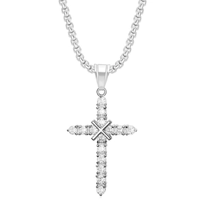 Detail of silver finish cross pendant with pavé set cubic zirconia on box chain