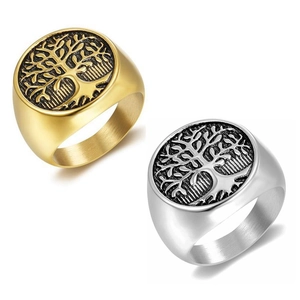 Men Titanium Steel Tree Of Life Signet Ring Hip Hop Gold Silver Plated Vintage Round Band Ring Punk Jewelry Accessories