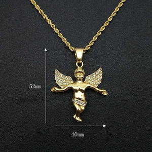 Pendentif ange plaqué or 18k Hip Hop avec zircons blancs et chaîne en corde torsadée