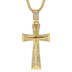 Collier croix hip-hop plaqué or avec strass étincelants et chaîne box élégante