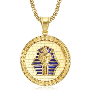 Gold plated stainless steel Pharaoh pendant necklace with blue enamel on square chain