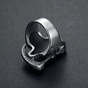 Punk vintage titanium steel skull ring with scythe design for men in silver finish