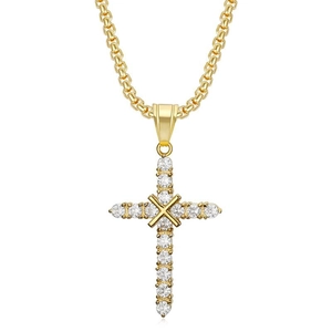 Macro detail of gold plated hip hop cross pendant with sparkling zircon stones