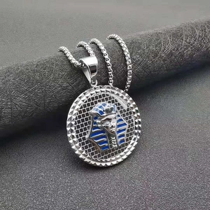 Pharaoh pendant necklace in silver and blue enamel with stainless steel box chain