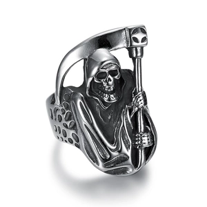 Punk vintage titanium steel skull reaper ring with scythe and silver gray finish