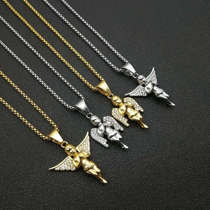 Hip Hop Titaniumstaal Biddende Engel Hanger Ketting Gevleugelde Engel Met Strass Ingelegd Mode Sieraden Voor Dames Heren