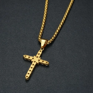 Hip hop style gold plated stainless steel cross pendant necklace with zircon stones