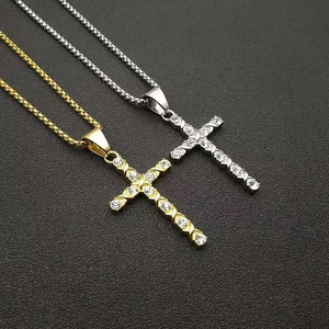 Hip Hop Edelstahl Kreuz Anhänger Halskette Für Damen Herren Gold Silber Vergoldet Strass Geometrischer Religiöser Schmuck