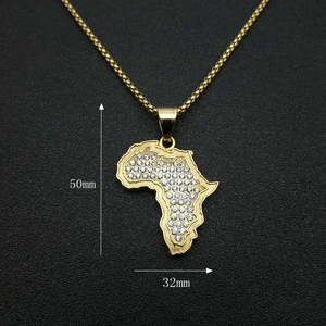 Detailed view of gold-plated Africa map pendant with inlaid zircons and 50mm height measurement