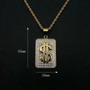 Collier hip hop avec pendentif dollar doré serti de cristaux sur chaîne torsadée, 55x28mm