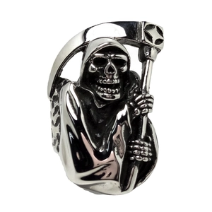 Punk vintage grim reaper scythe skull ring in polished stainless steel for men