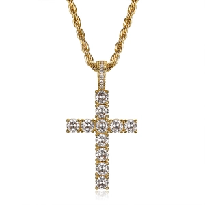 Hip hop gold plated cross pendant necklace with micro paved cubic zirconia stones