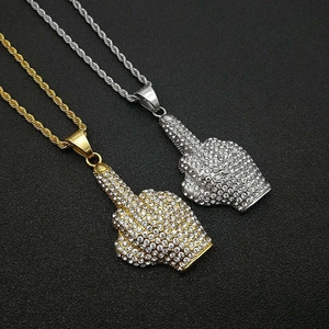 Hip Hop Edelstahl Mittelfinger Hand Anhänger Halskette Iced Out Strass Titan Stahl Schmuck Für Herren Damen Party Halskette