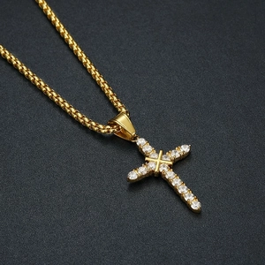 Gold plated stainless steel hip hop cross pendant necklace with sparkling cubic zirconia
