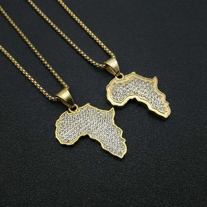 Hip Hop Gold Plated Stainless Steel Africa Map Pendant Necklace Pave Rhinestone Ethnic Style Jewelry For Men And Women