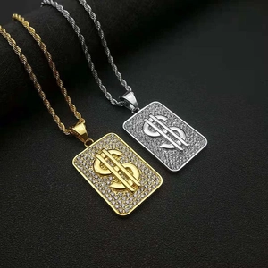 Collier Pendentif Signe Dollar en Acier Titane Hip Hop Strass Iced Out Bijoux Plaqués Or Argent pour Hommes Femmes