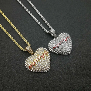 Collana con Pendente a Cuore Battito Cardiaco EKG in Acciaio Inossidabile per Uomo Donna Hip Hop Pavé Strass Linea Smalto Rosso Gioielli