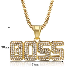 Gold-plated Hip Hop BOSS necklace with micro-paved zircons measuring 30mm by 47mm
