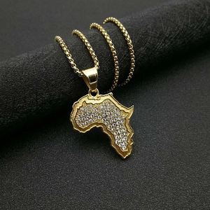 Gold plated hip hop Africa map necklace with iced out crystals and box chain link