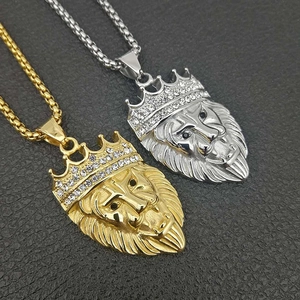 Hip Hop Titanstahl Löwenkopf Krone Anhänger Halskette Strass Eingelegt Gold Silber Plattiert Retro Street Style Schmuck Für Herren