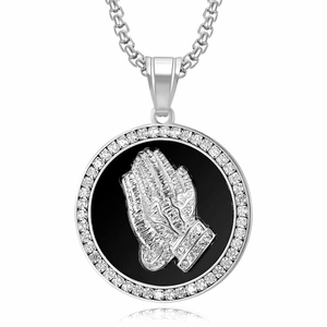 Collier hip hop avec pendentif mains en prière en acier et pierres en zircone