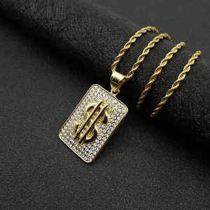 Collier hip hop plaqué or avec pendentif rectangle signe dollar et cristaux brillants