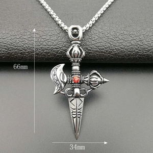 Vintage punk titanium steel vajra pendant necklace with red gemstone and silver box chain