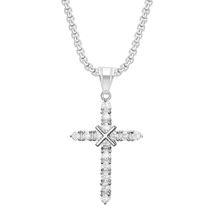 Hip hop silver plated stainless steel cross pendant necklace with clear zircon stones
