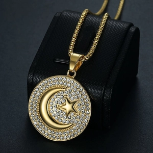 Gold plated Turkish flag crescent star pendant necklace with full iced out crystal inlay