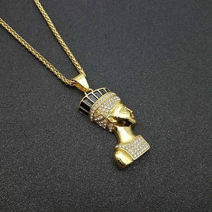 Collier Pendentif Égyptienne Néfertiti Bijoux Hip Hop Acier Titane Plaqué Or Strass Collier Portrait Pour Femmes Hommes