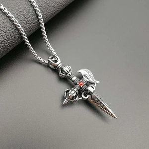 Retro punk vajra phurba pendant necklace with red zircon in polished stainless steel finish