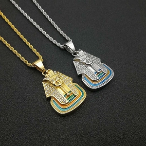 Collier Pendentif Pharaon Roi Tut Égyptien Hip Hop Acier Titane Électroplaqué sous Vide Émail Strass Bijoux Homme Femme