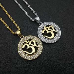 Hiphop Titanium Steel Om Yoga Pendant Necklace Gold Silver Plated Rhinestone Round Religious Medallion Twist Chain Jewelry