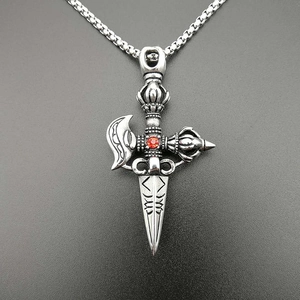 Retro Punk Titanium Steel Phurba Pendant Necklace With Red Rhinestone Ethnic Hip Hop Religious Jewelry For Men Silver Gold