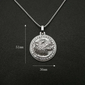 Hip hop silver wolf head pendant necklace with rhinestones and stainless steel box chain