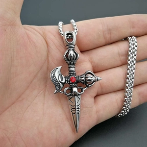 Retro punk titanium steel Phurba pendant necklace with red gem on a box chain
