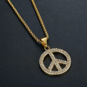 Collier pendentif signe de paix doré style hip-hop avec strass blancs étincelants