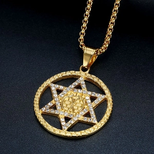 Collier hip hop plaqué or avec pendentif étoile hexagramme en acier et zircons brillants